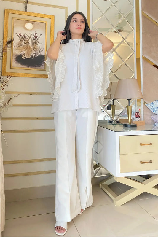Elegant Cotton Ruffled Shirred Shirt 1 Piece