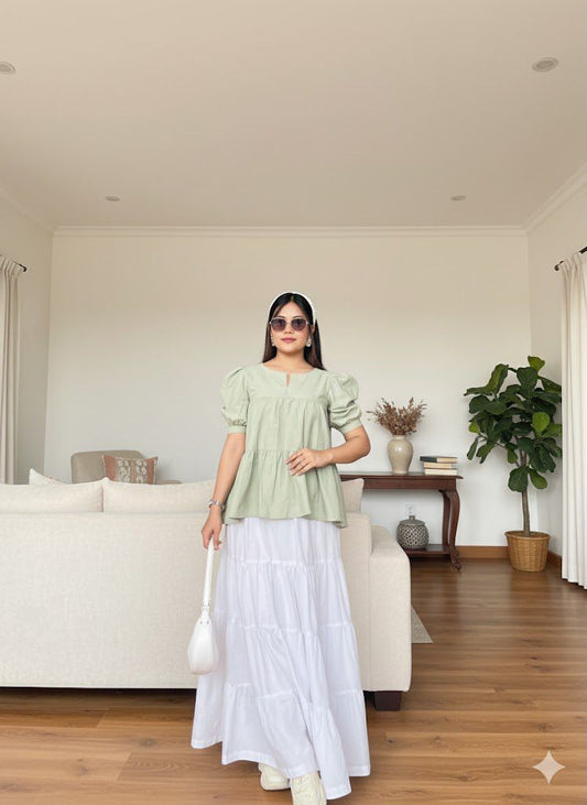 White Cotton Maxi Skirt for Women – Elegant Tiered Long Skirt