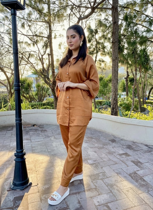 2 Piece Cotton Satin Embellished  Co- Ord Set