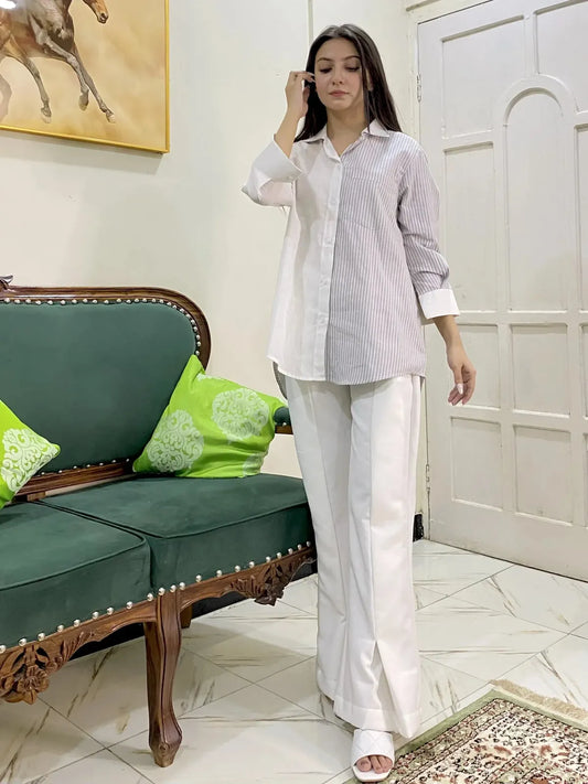 1 Piece 100% Cotton - Yarn Dyed Premium Combed Fabric Stitched Modern Shirt Set - 100% Cotton Urban Cut Yarn Dyed Beige XS