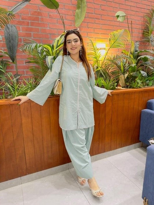 2 Piece Cotton Embellished  Co- Ord Set with Farshi Shalwar