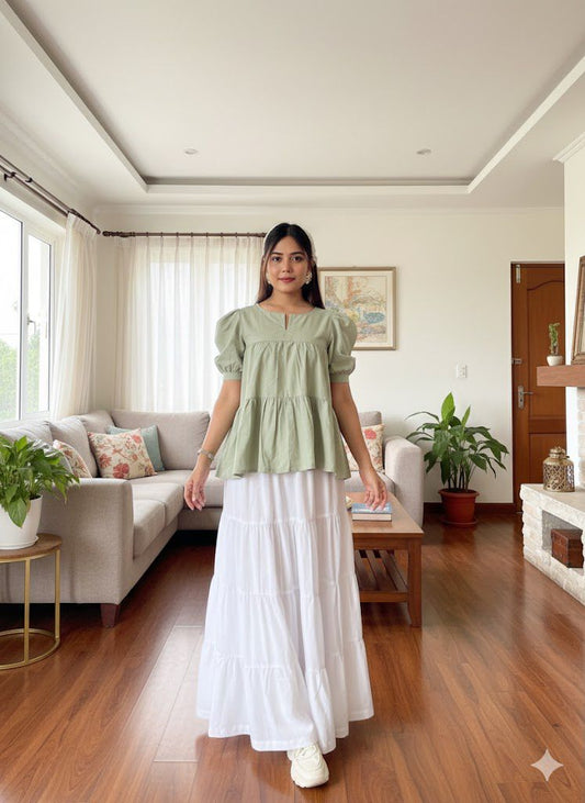 White Cotton Maxi Skirt for Women – Elegant Tiered Long Skirt