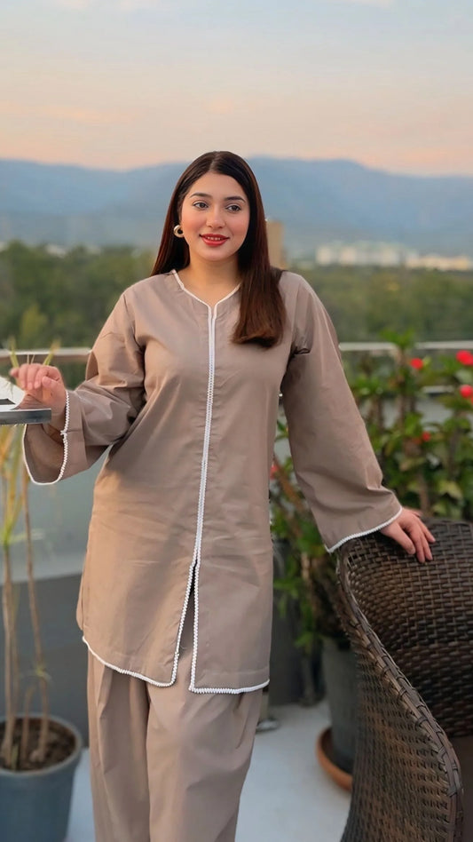 2 Piece Cotton Embellished  Co- Ord Set with Farshi Shalwar