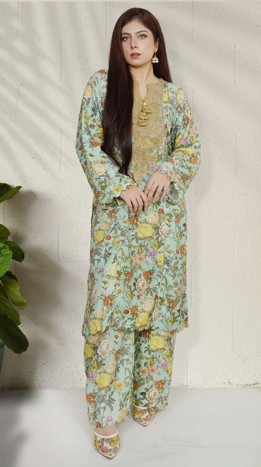 2 Piece Embroidred Cotton/Viscose  Printed  Suit