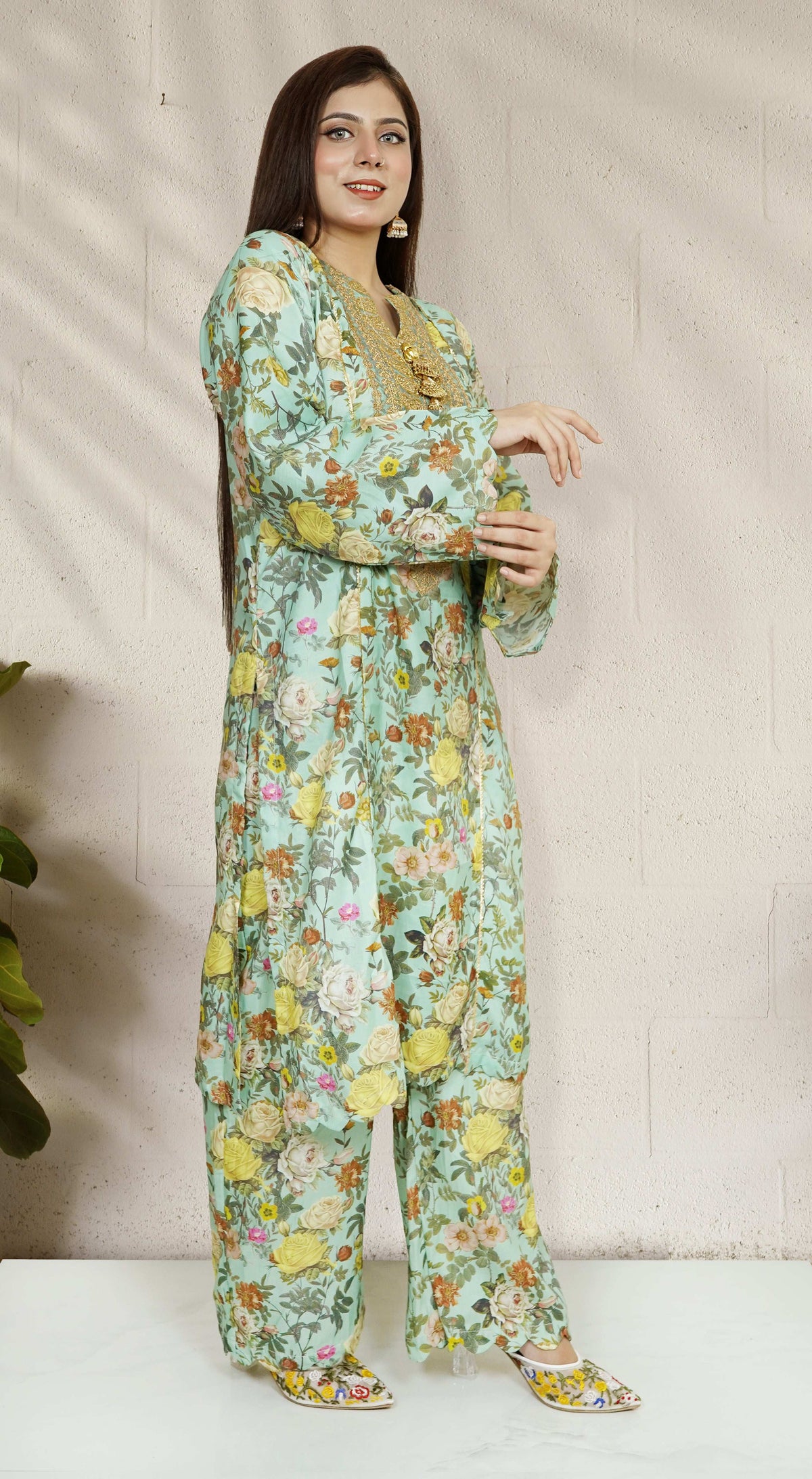 2 Piece Embroidred Cotton/Viscose  Printed  Suit