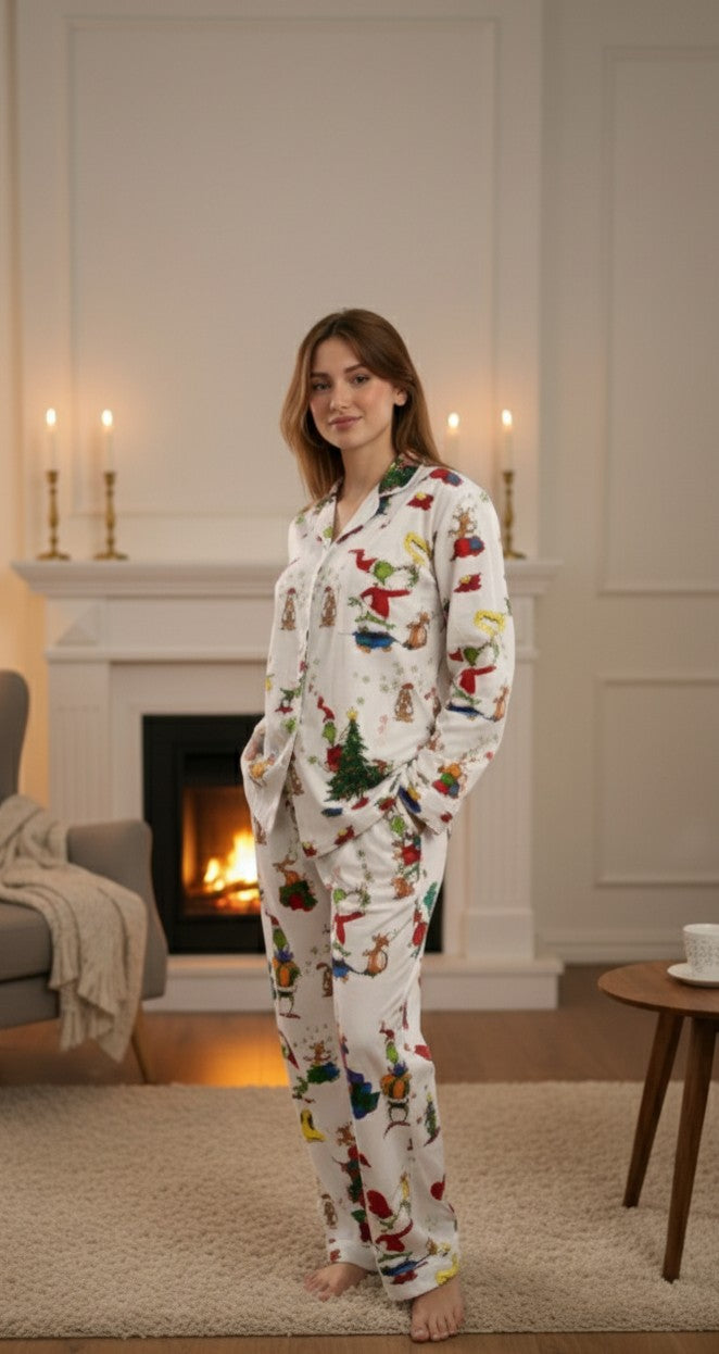 Women Pajama Suit – Christmas Cartoon Print