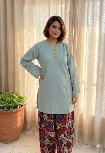 2 Piece Cotton Solid and Printed Co- Ord Set with Farshi Shalwar