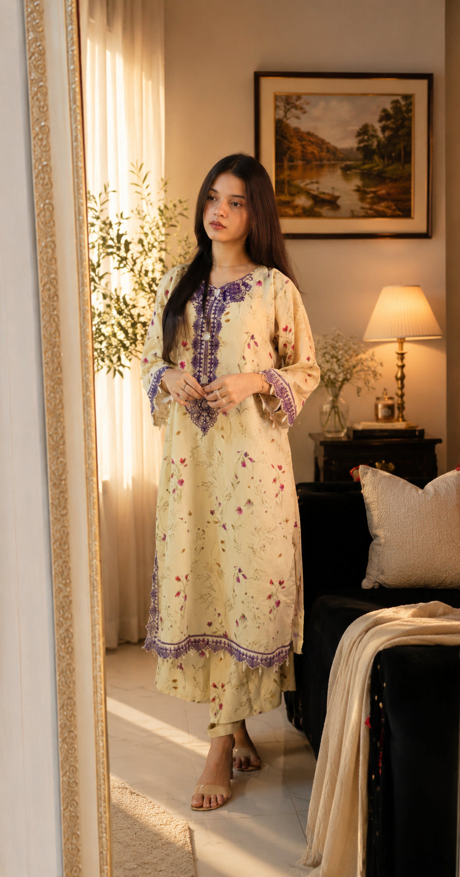 2 Piece Co-Ord Set with Embroidered Neckline