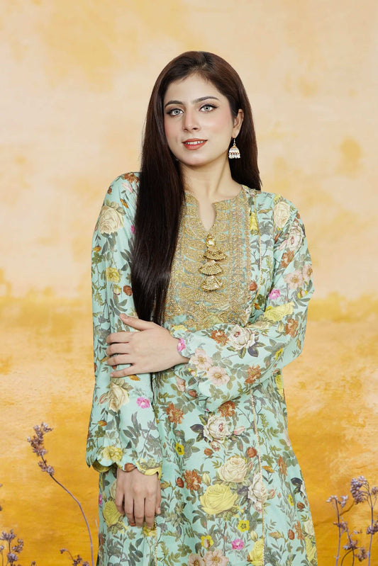 2 Piece Embroidred Cotton/Viscose  Printed  Suit