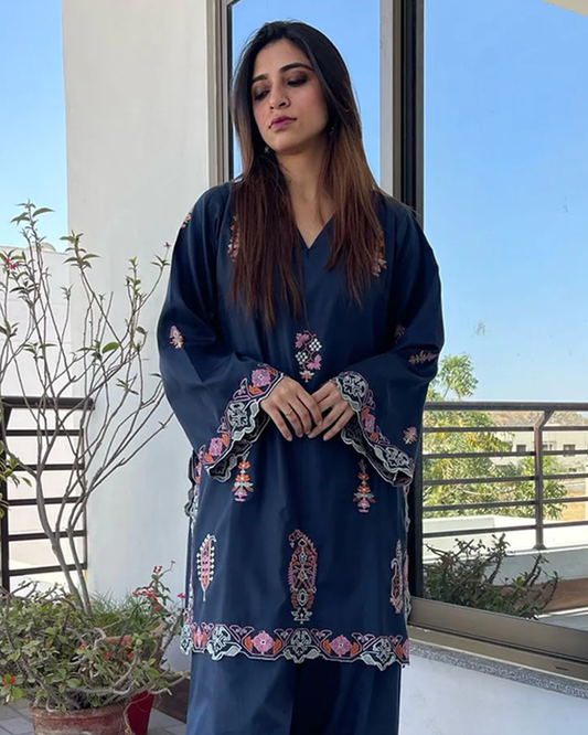 2 Piece Cotton Satin Embroidered Co- Ord Set with Farshi Shalwar