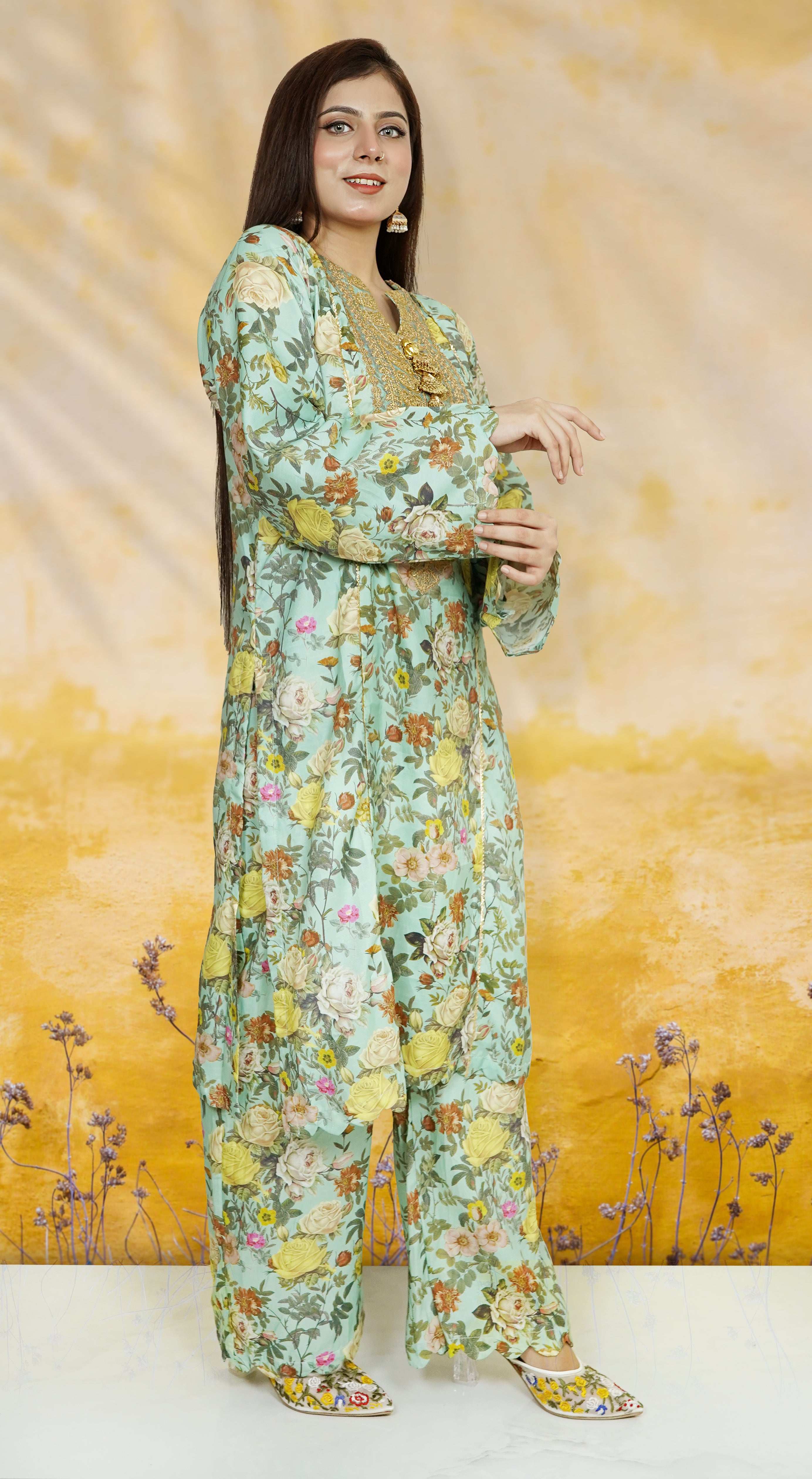 2 Piece Embroidred Cotton/Viscose  Printed  Suit