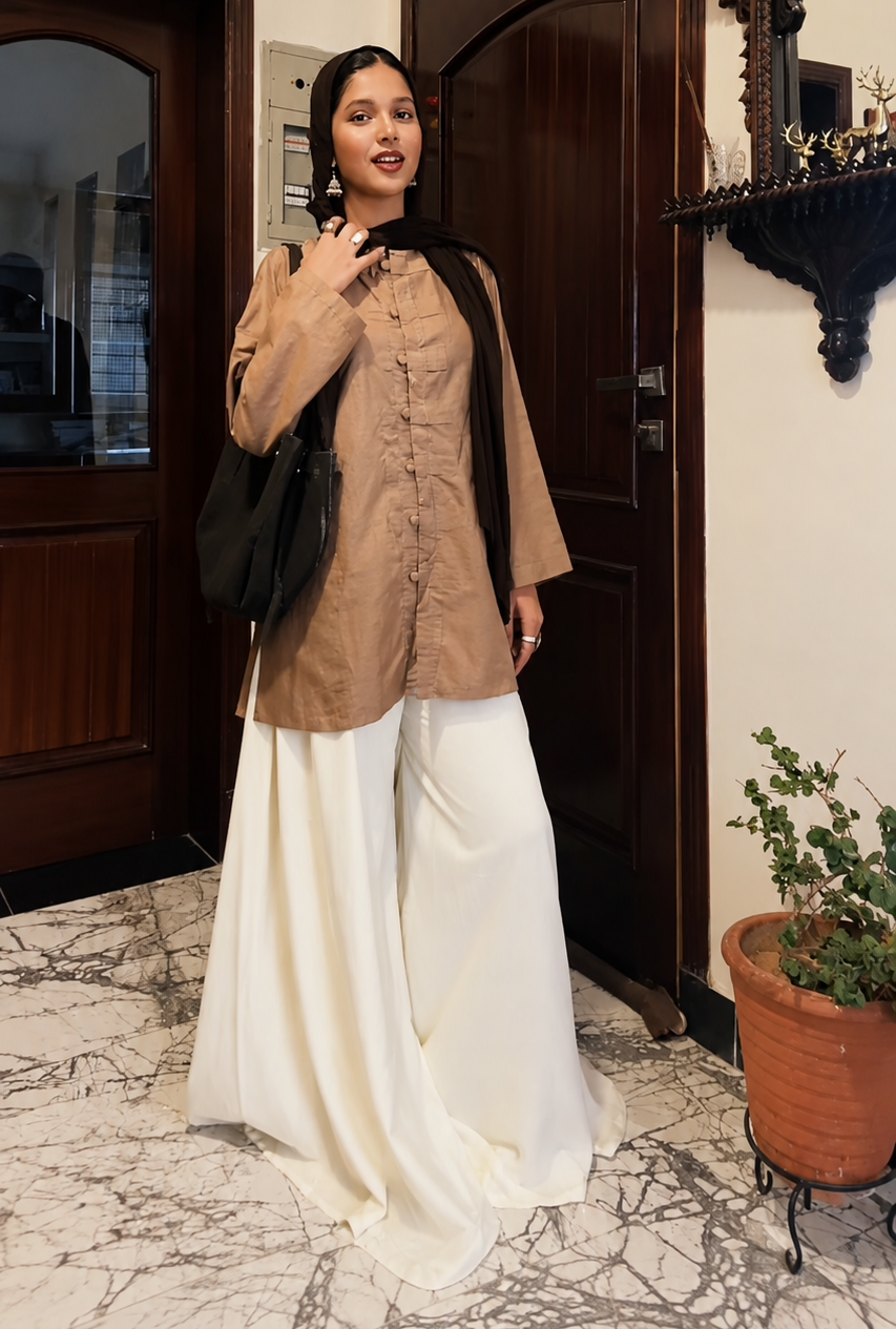 Mocha Cotton Shirt & Palazzo Co-Ord Set