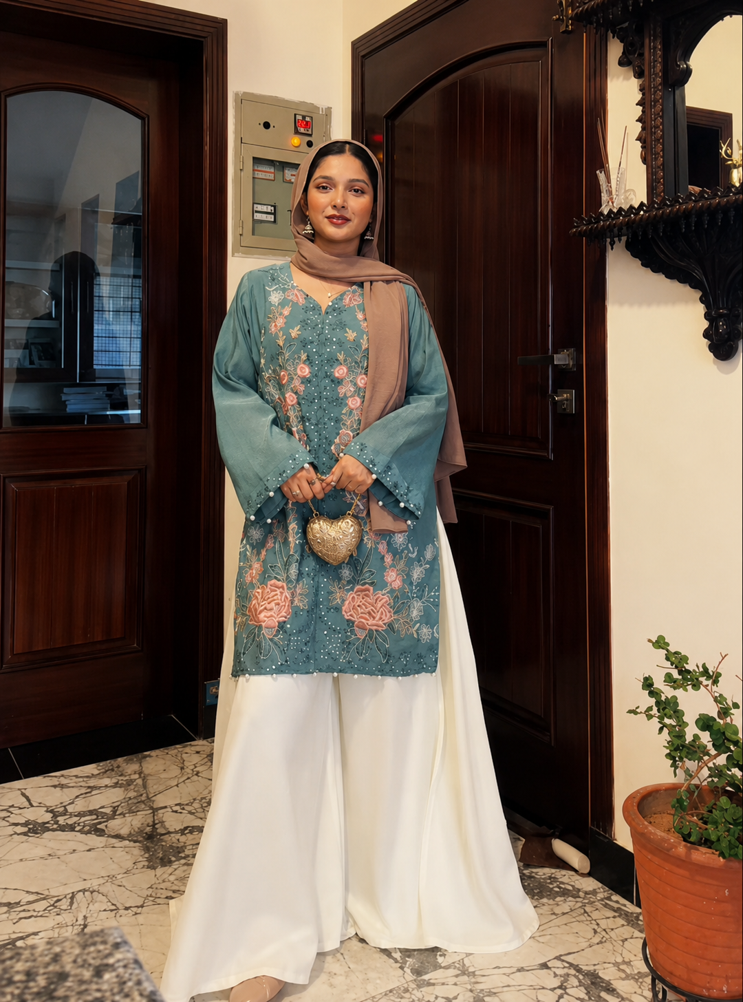 Embroidered Paper Cotton Co-ord Set with Flared Palazzo