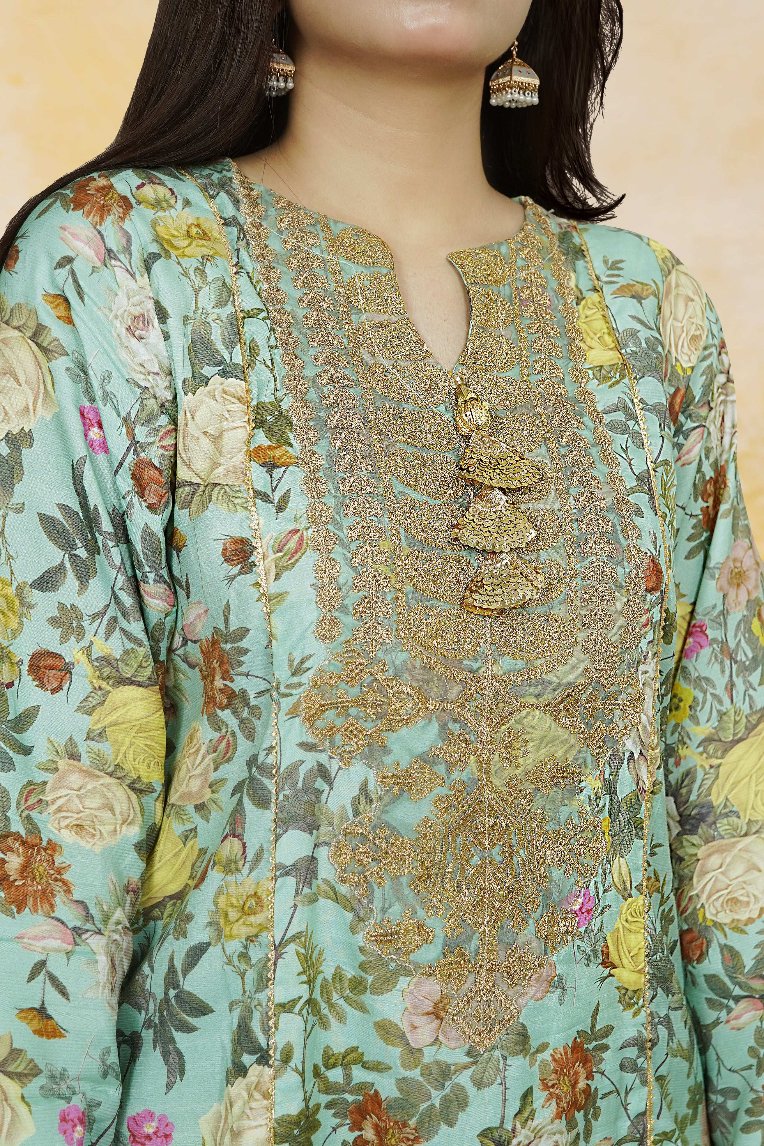 2 Piece Embroidred Cotton/Viscose  Printed  Suit