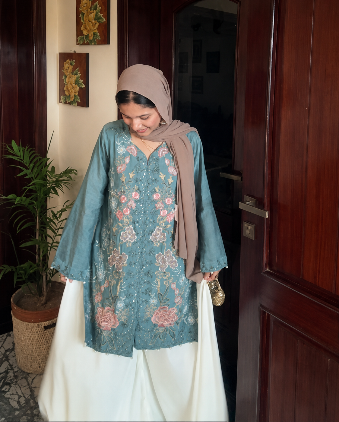 Embroidered Paper Cotton Co-ord Set with Flared Palazzo