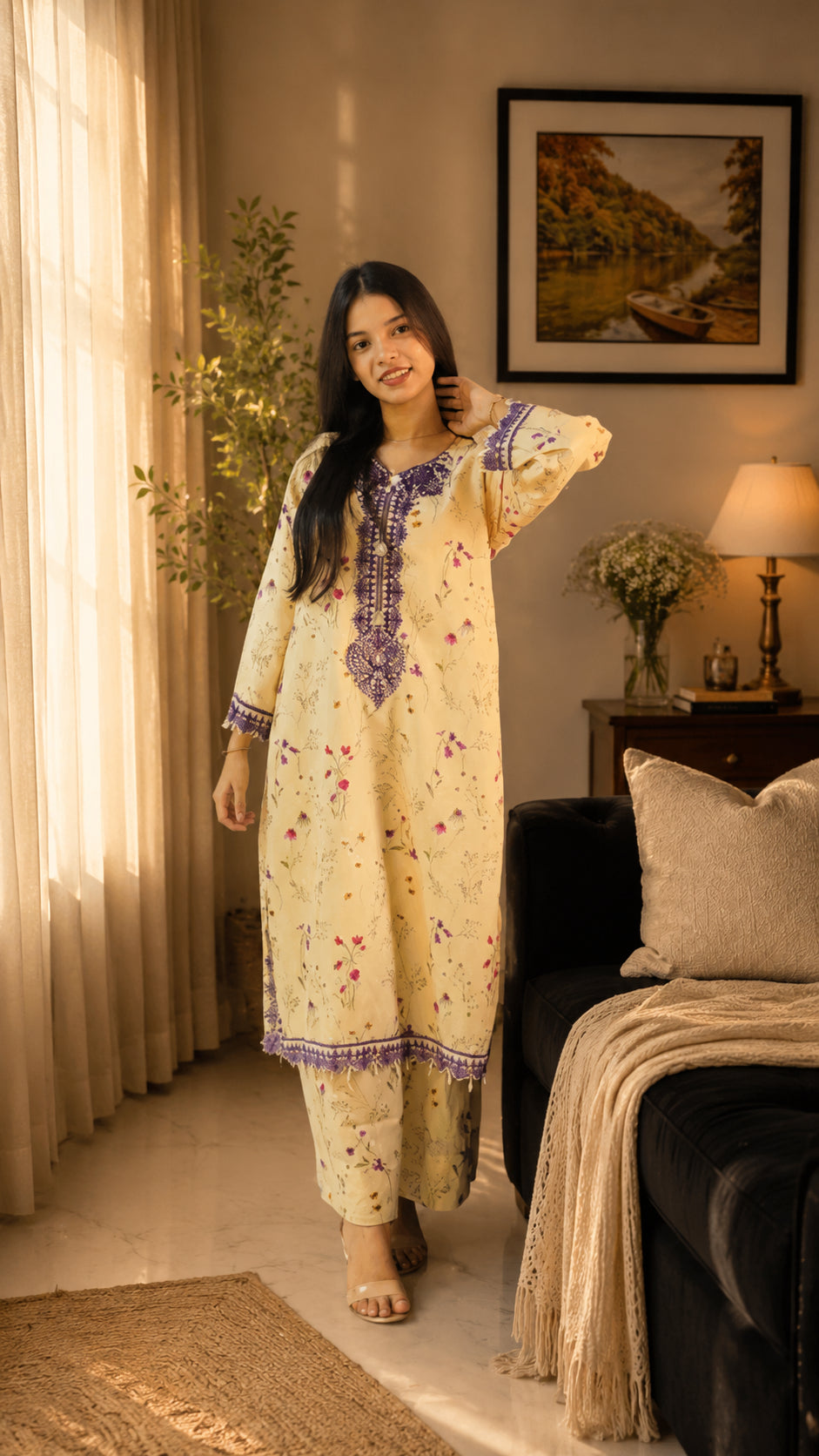 2 Piece Co-Ord Set with Embroidered Neckline