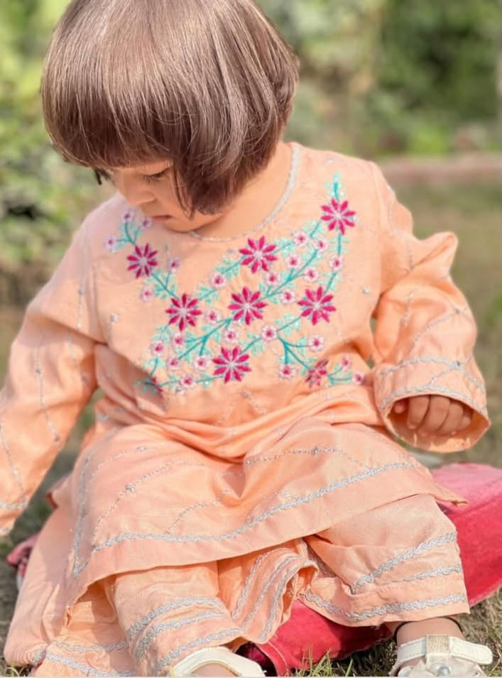 Girls Raw Silk 2Pcs Delicate-Peach