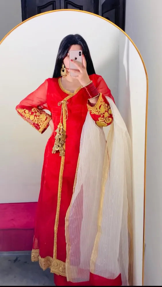 3 Piece Laurex Embroidered Angrakha Suit- Linned