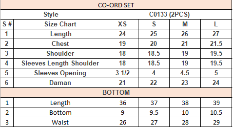 Product Size Chart