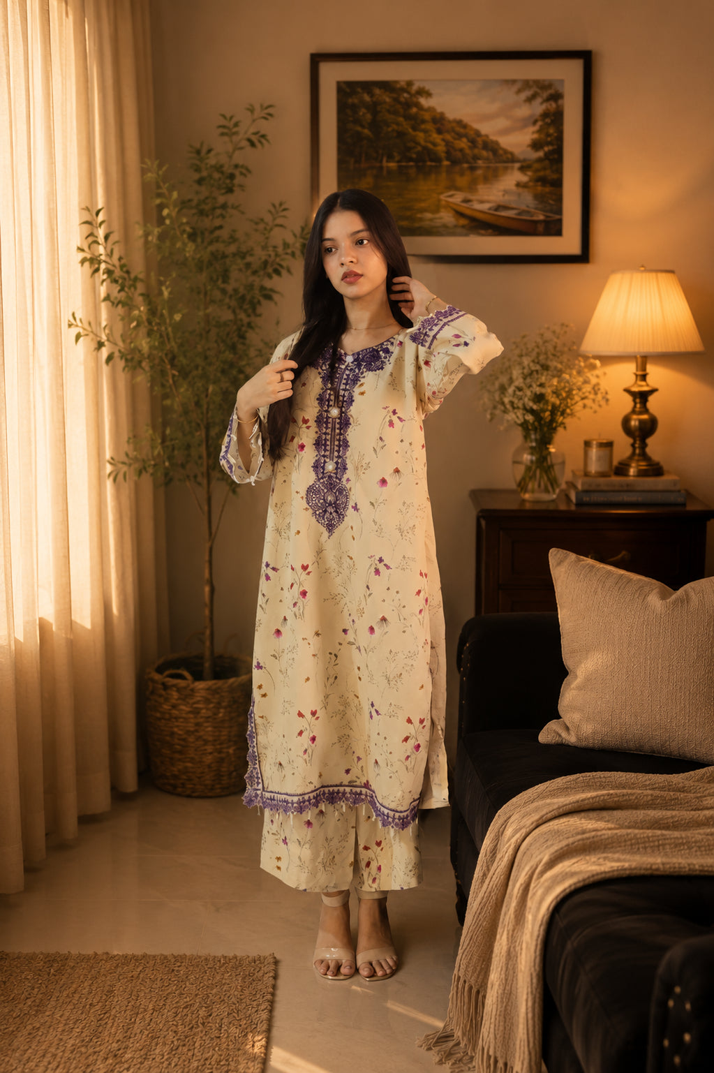 2 Piece Co-Ord Set with Embroidered Neckline