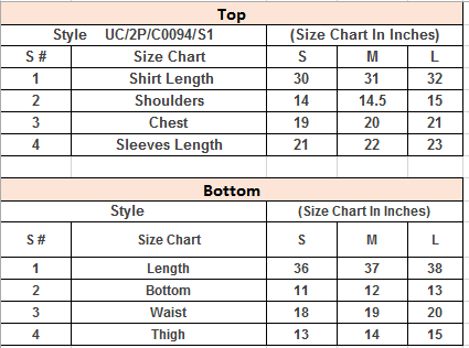 Product Size Chart