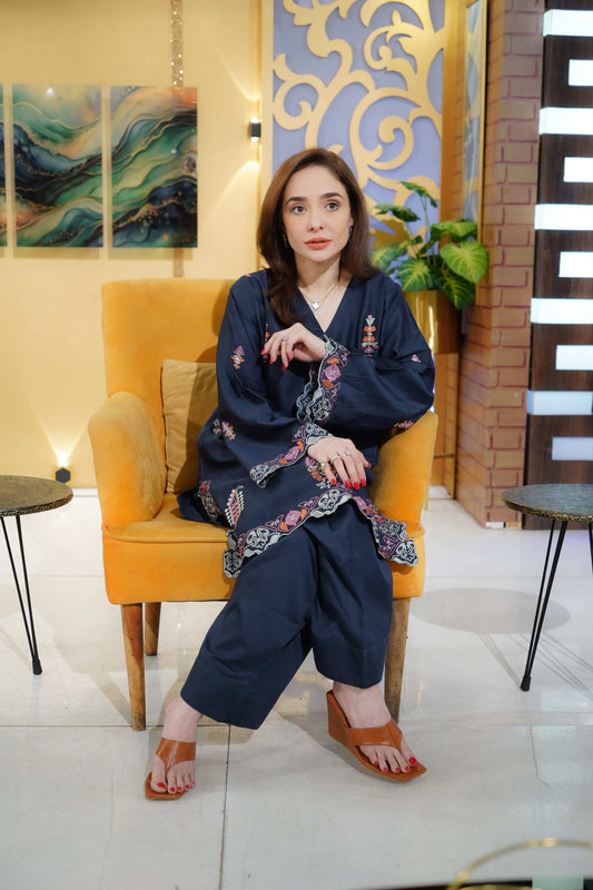 2 Piece Cotton Satin Embroidered Co- Ord Set with Farshi Shalwar