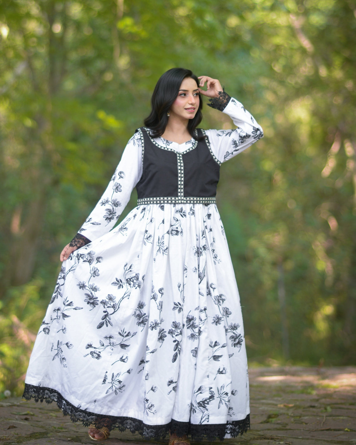 Printed Dress With Embroidered Overlay Vest