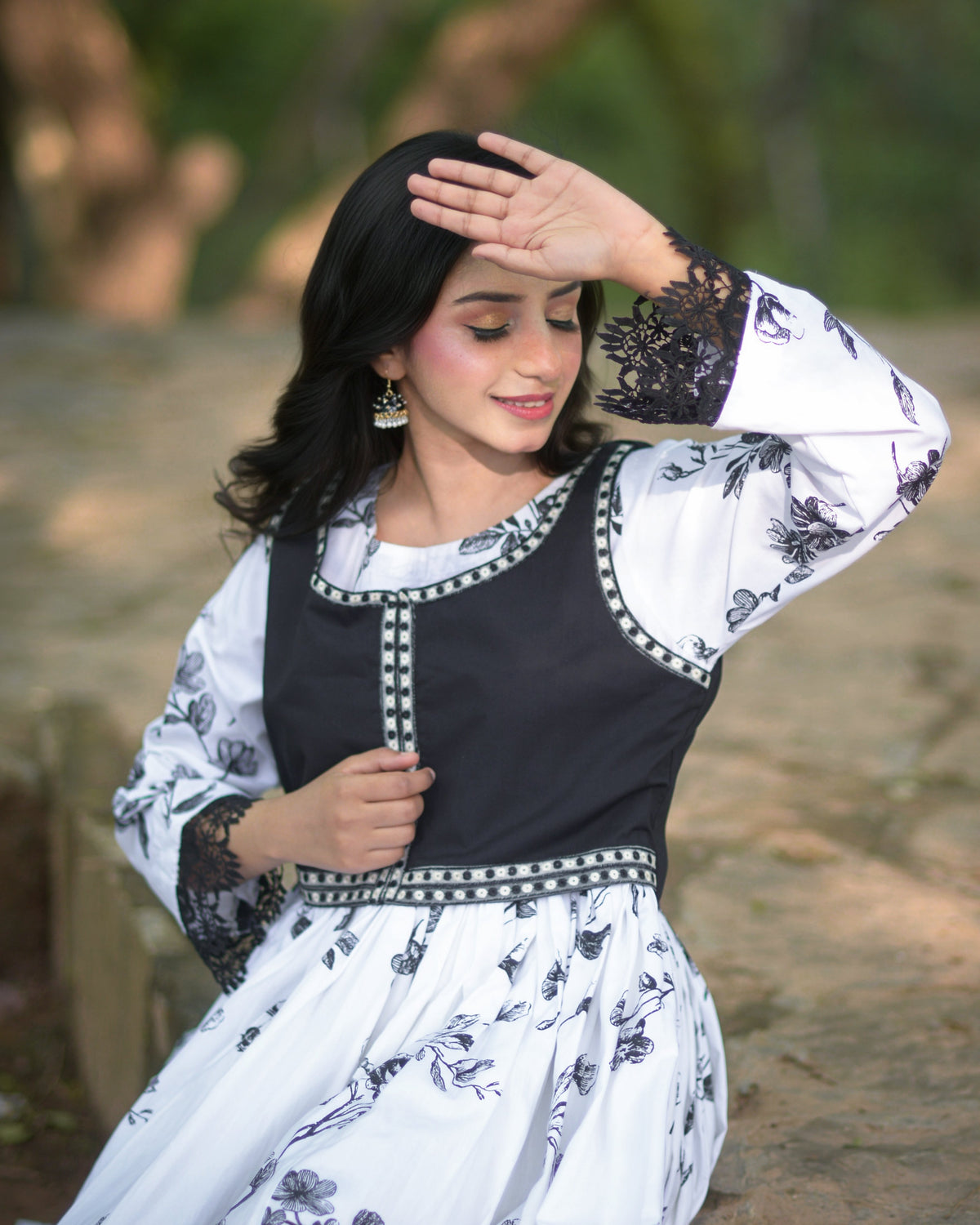 Printed Dress With Embroidered Overlay Vest