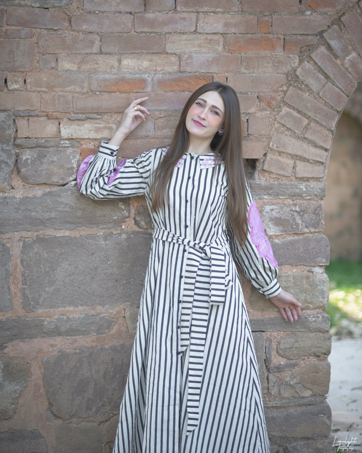Embroidered Cotton Striped 1 Piece Dress