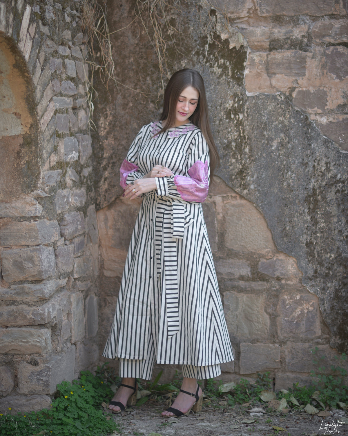 Embroidered Cotton Striped 1 Piece Dress