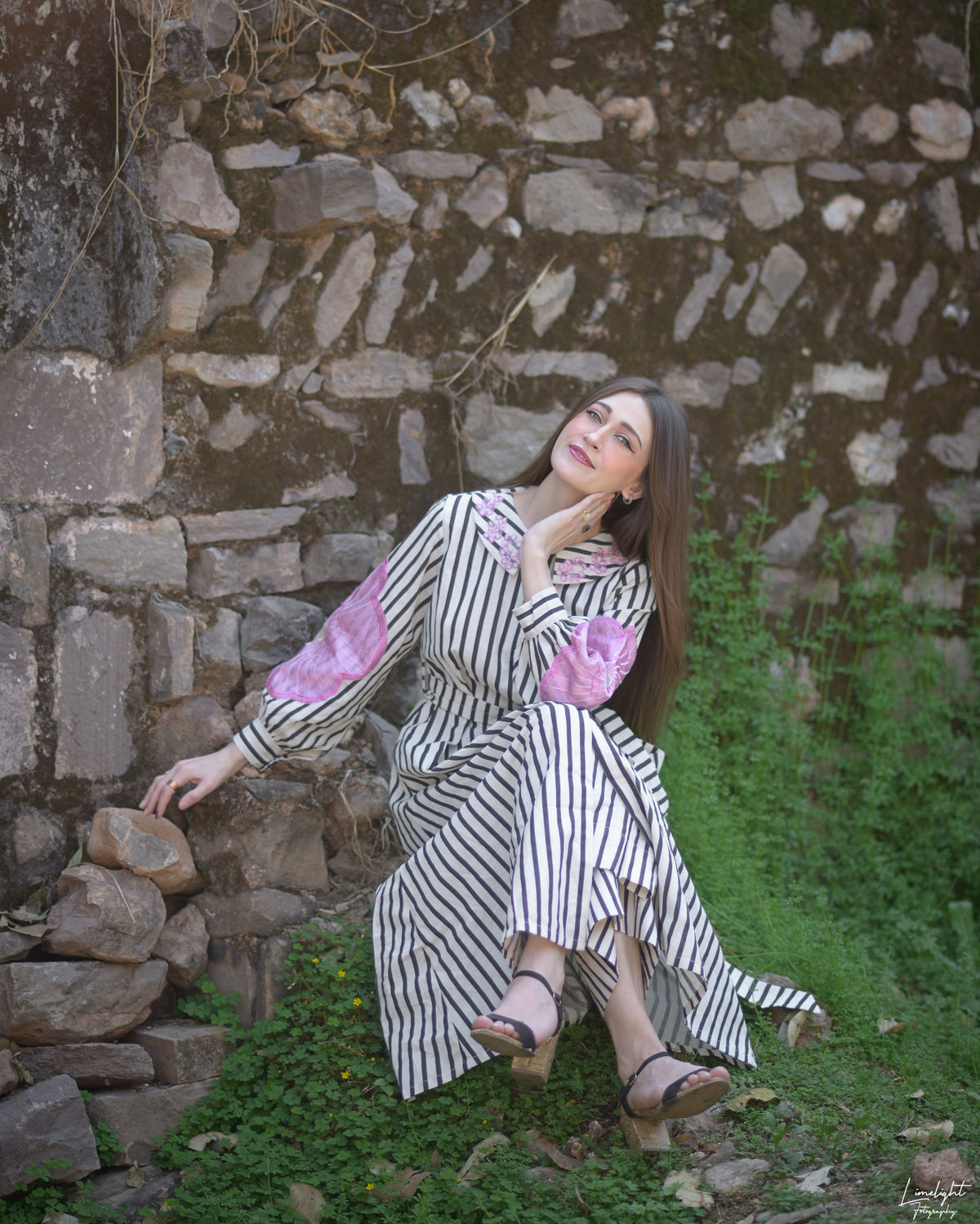 Embroidered Cotton Striped 1 Piece Dress