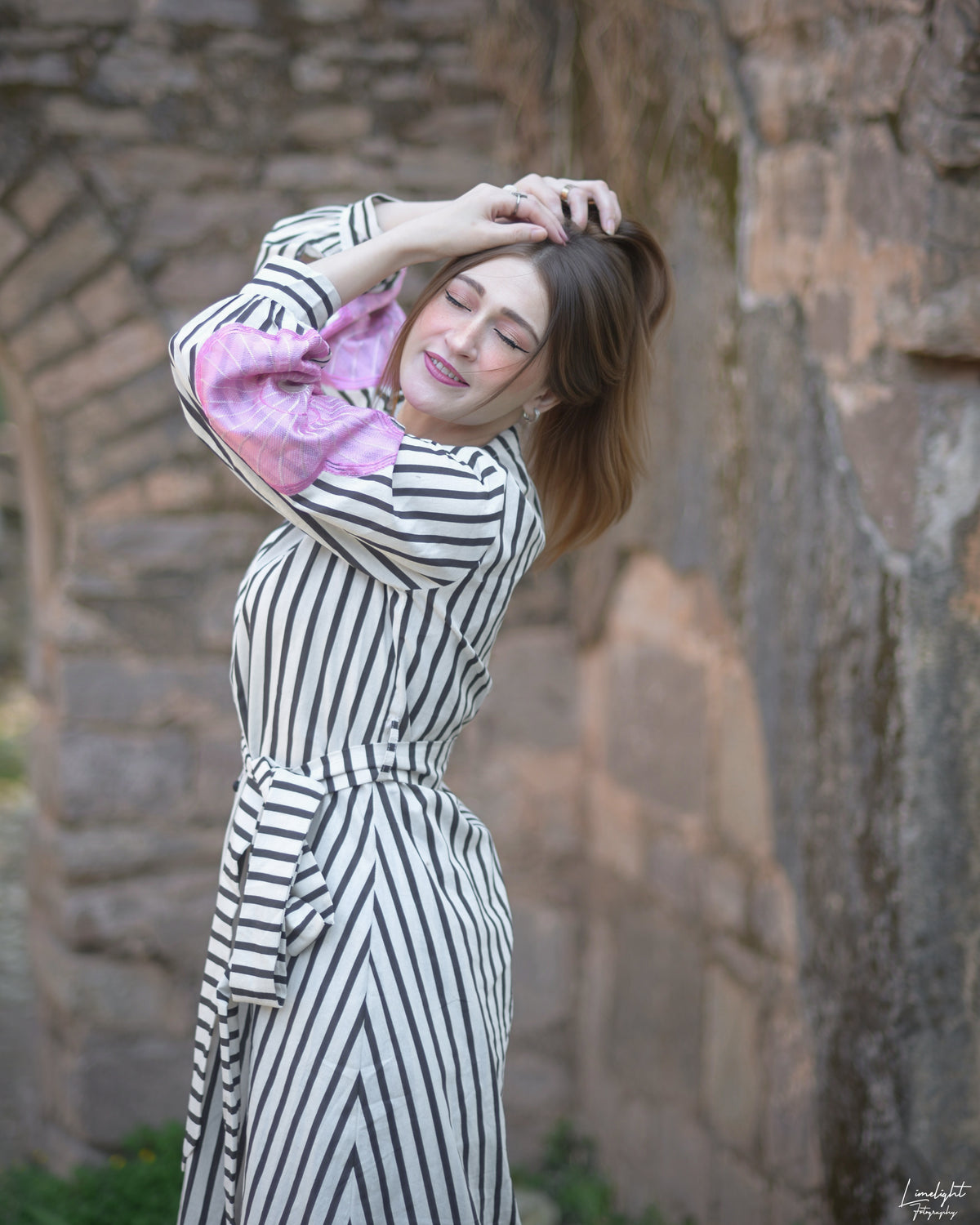Embroidered Cotton Striped 1 Piece Dress