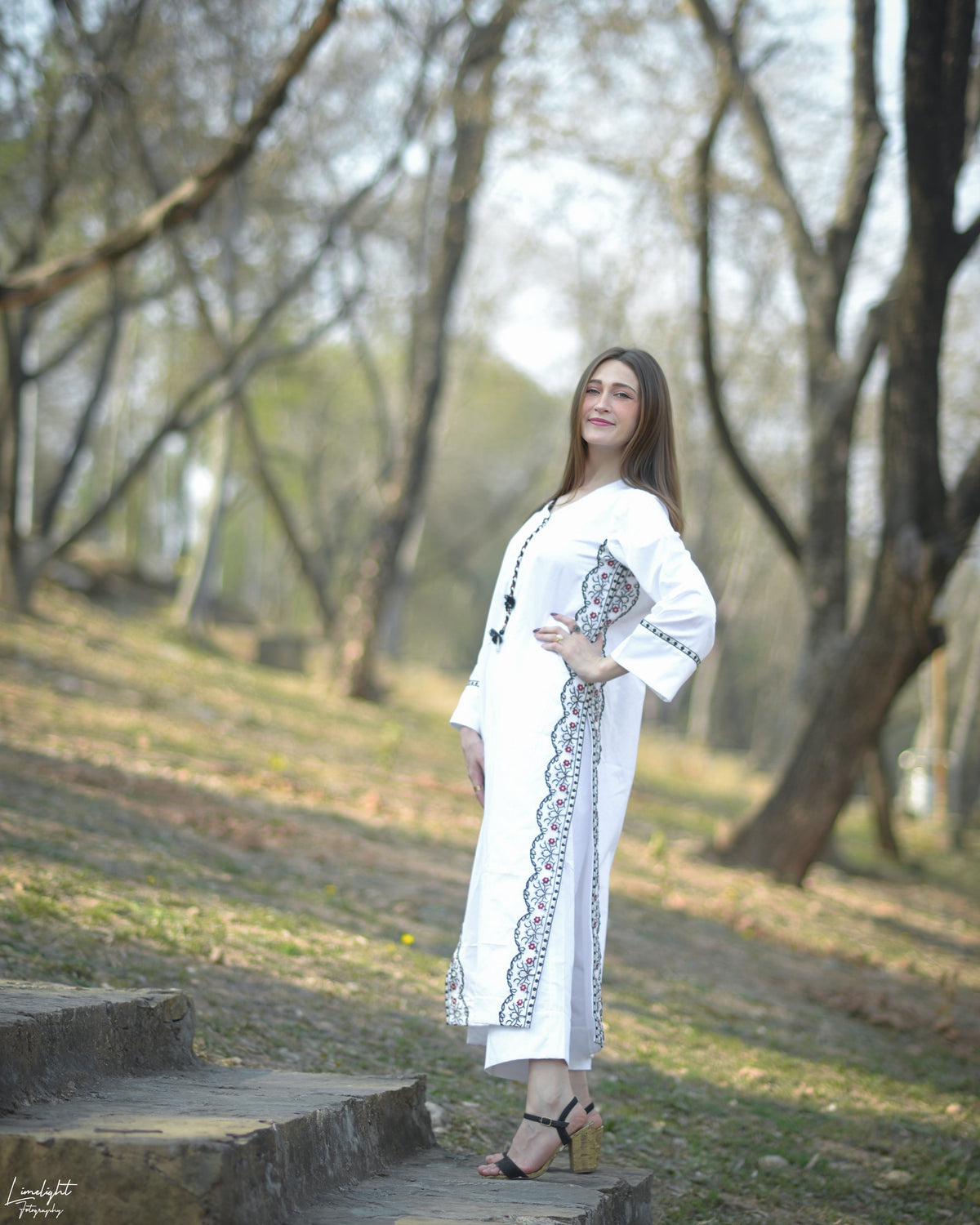 Premium Cotton Embroidered Striped  2-Piece Long Co-Ord Set