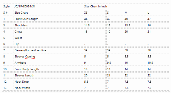 Product Size Chart