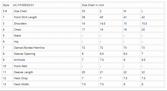 Product Size Chart