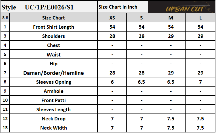 Product Size Chart