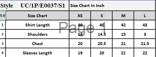 Product Size Chart