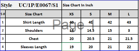 Product Size Chart