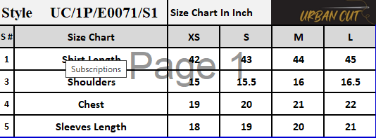 Product Size Chart