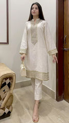 2 Piece Cotton Sequence Embroidered Suit