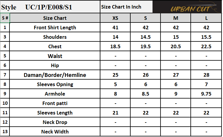 Product Size Chart