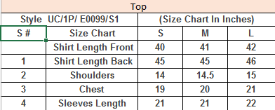 Product Size Chart