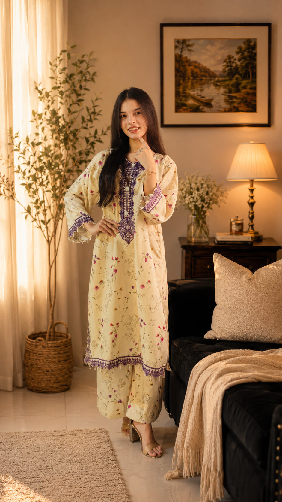 2 Piece Co-Ord Set with Embroidered Neckline