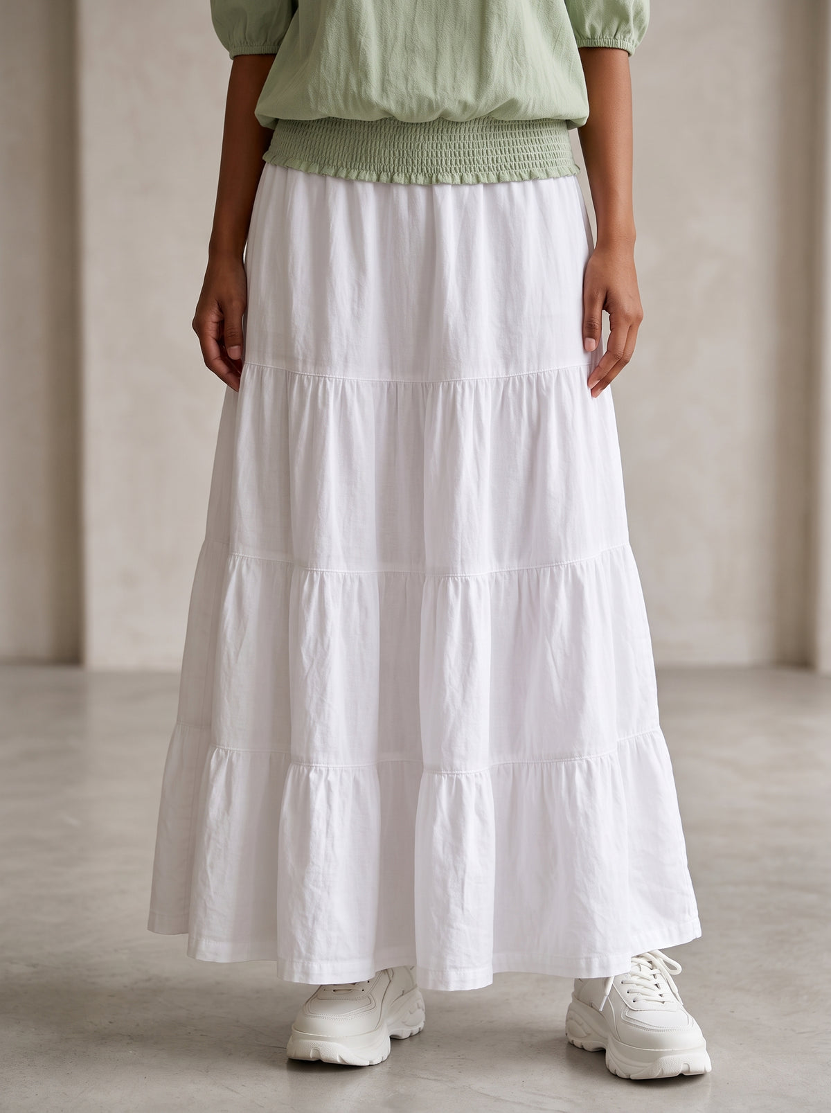 1 Piece White Cotton Maxi Skirt for Women – Elegant Tiered Long Skirt