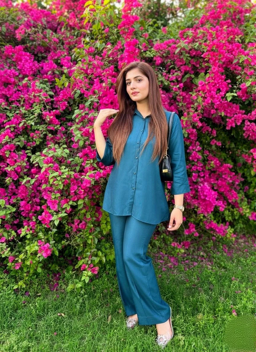 2 Piece Cotton Emberoidered Co- Ord Set with Metal Buttons