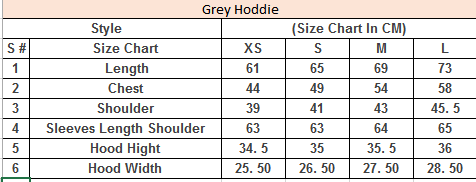 Product Size Chart