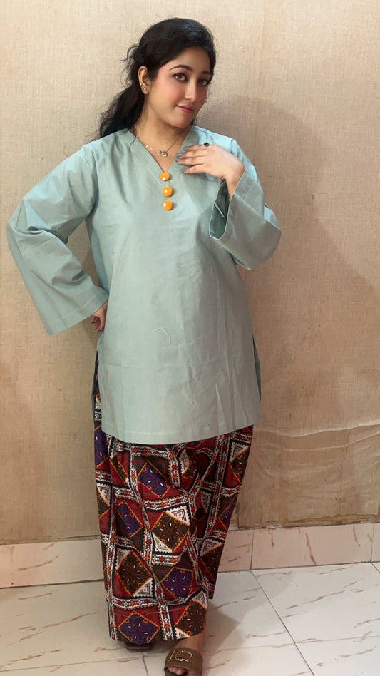 2 Piece Cotton Solid and Printed Co- Ord Set with Farshi Shalwar
