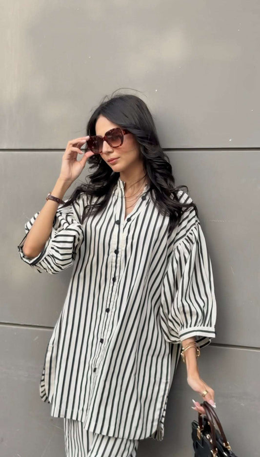 Women's Striped Cotton Co-Ord Set – 2 Piece Suit