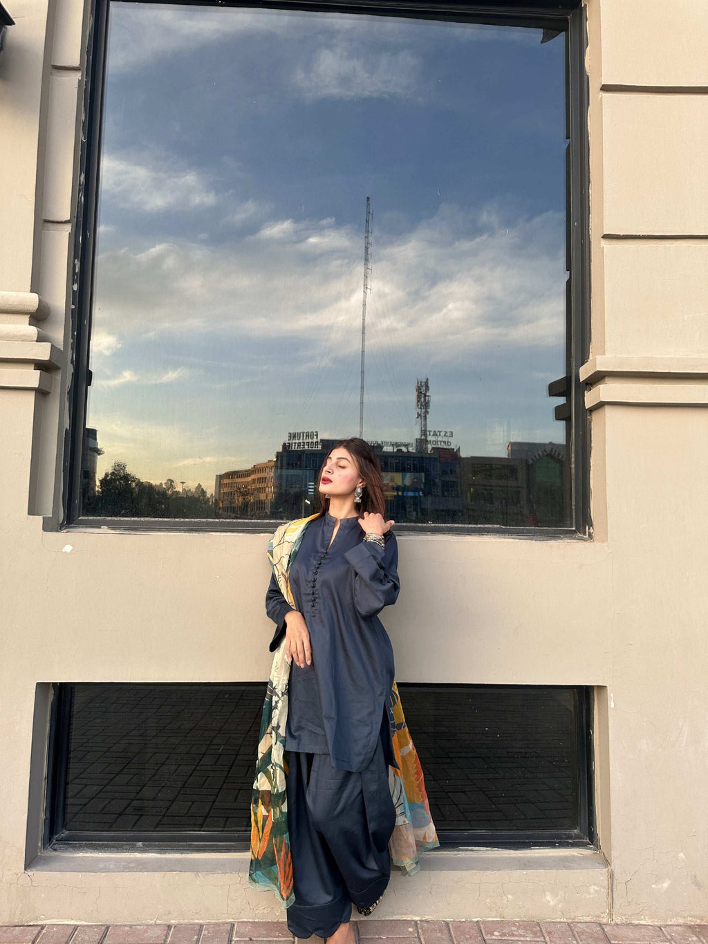 2 Piece Cotton Satin Co- Ord Set with Farshi Shalwar