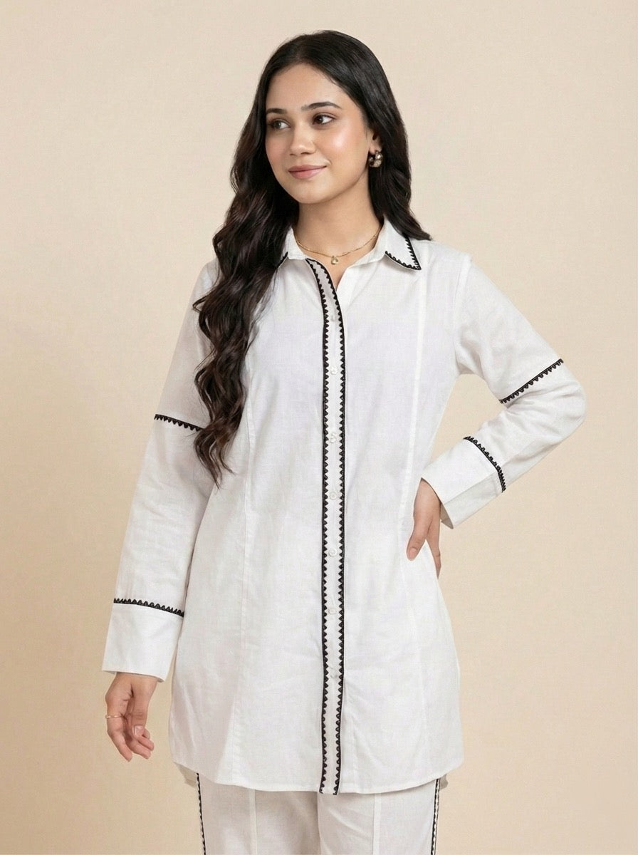 Women 2 Piece Coord Set – White with Contrast Detailing